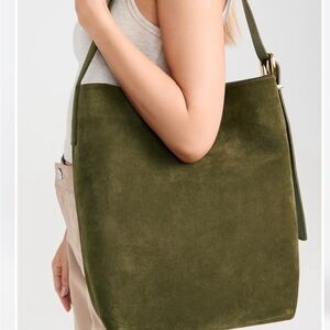 Madewell Essential Olive Green Suede Shoulder Bucket Tote Bag